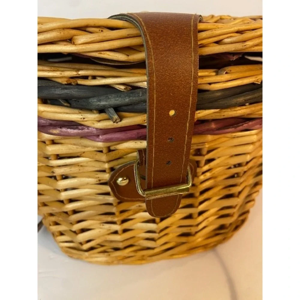 Vintage Wicker Basket Crossbody Bag Woven Picnic Purse Green Purple Accents